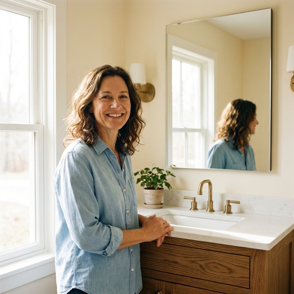 A stained oak bathroom vanity with visible wood grain and a white countertop in a bright bathroom with a window and wall mirror