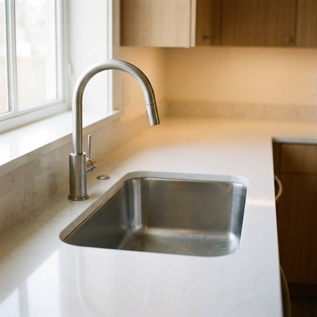 A stainless steel undermount kitchen sink with a simple faucet set into a clean countertop
