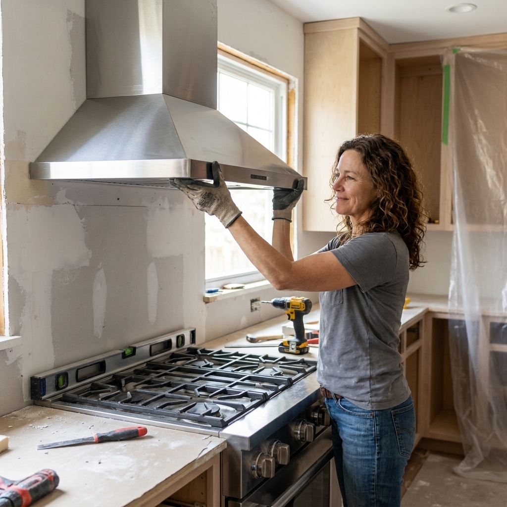 A stainless steel wall-mounted vent hood being installed above a range in a partially remodeled kitchen