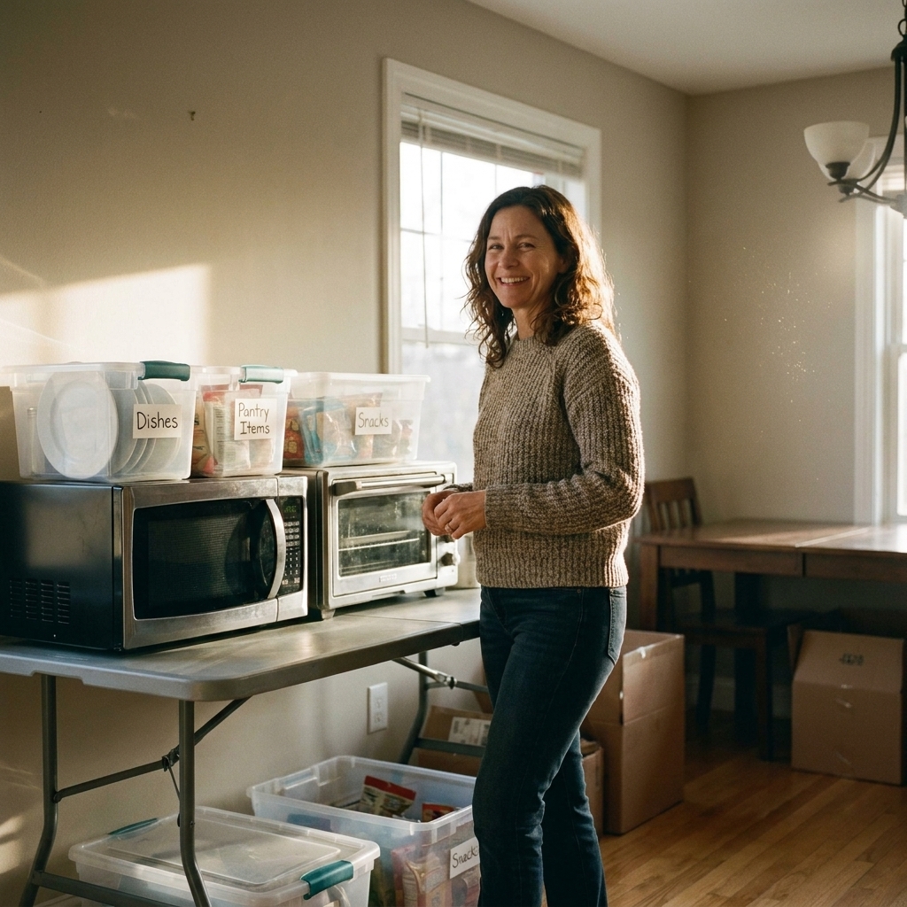 A temporary kitchen set up in a dining area with a folding table, microwave, toaster oven, and labeled plastic bins for dishes and pantry items