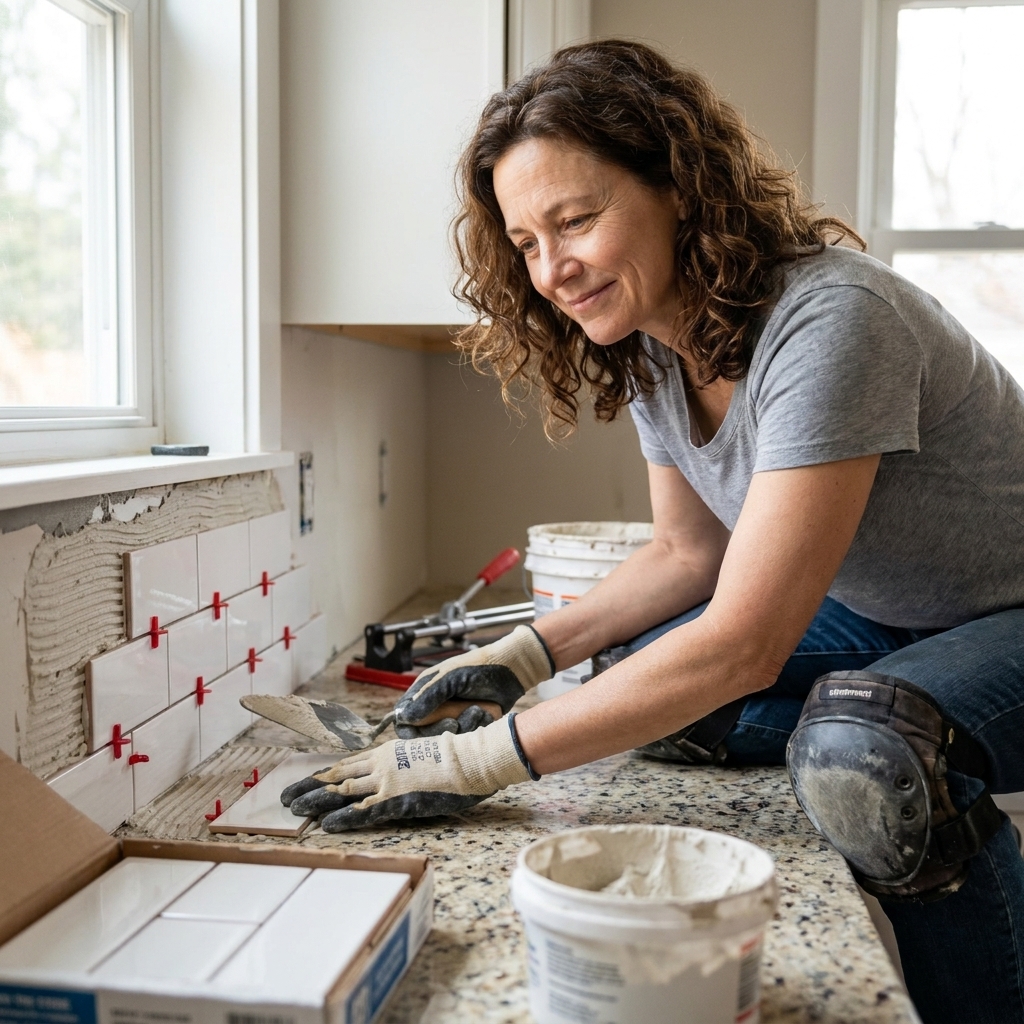 A tile installer setting backsplash tiles on a kitchen wall above new countertops using spacers and thinset