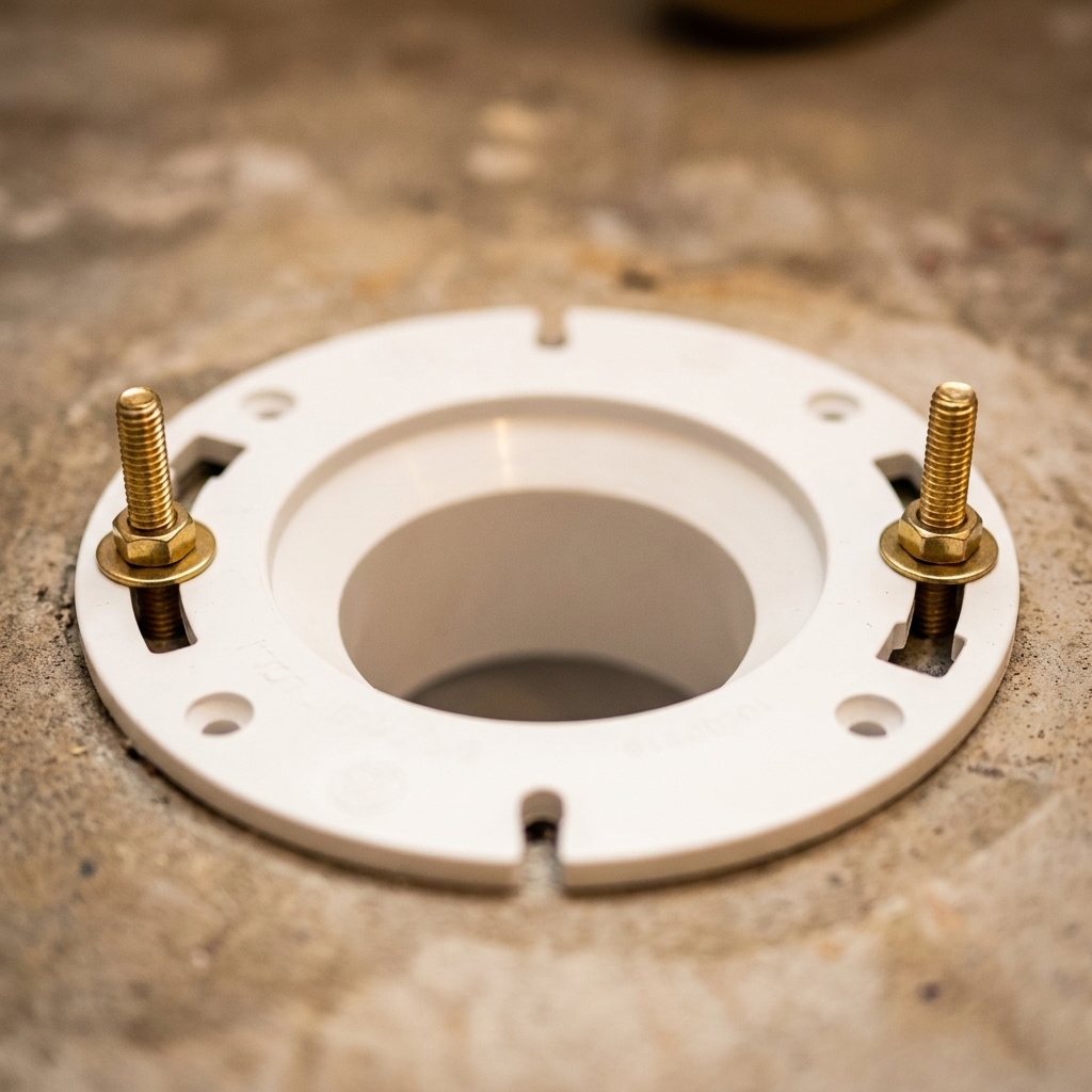 A toilet flange at floor level with new brass closet bolts installed in the flange slots