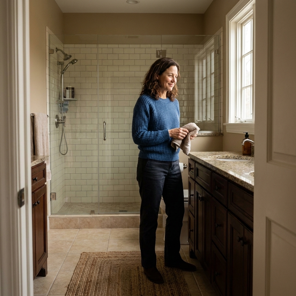 A traditional bathroom with a glass shower enclosure, tiled shower walls, a vanity with countertop, and a dry bathroom floor outside the shower