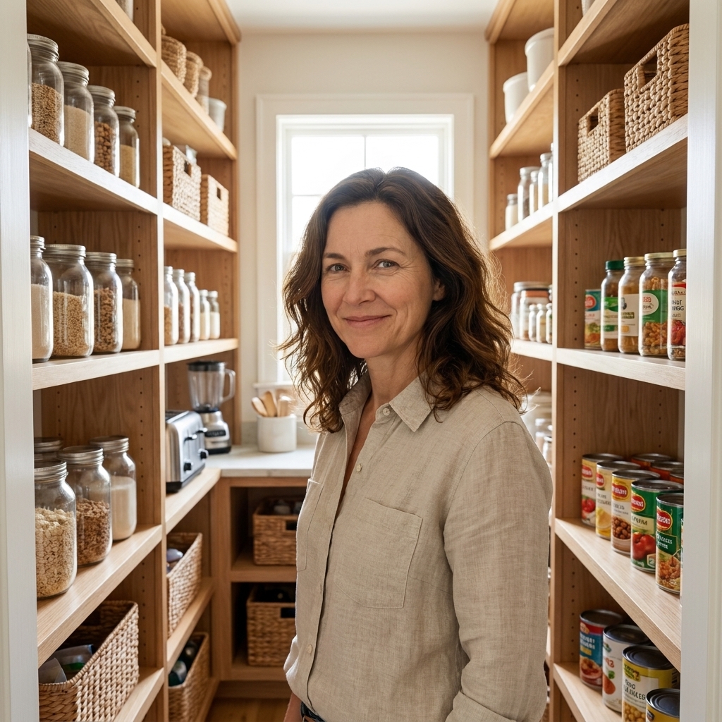 A walk-in pantry with wood shelves on both sides holding clear containers, baskets, canned goods, and small kitchen appliances on a short countertop