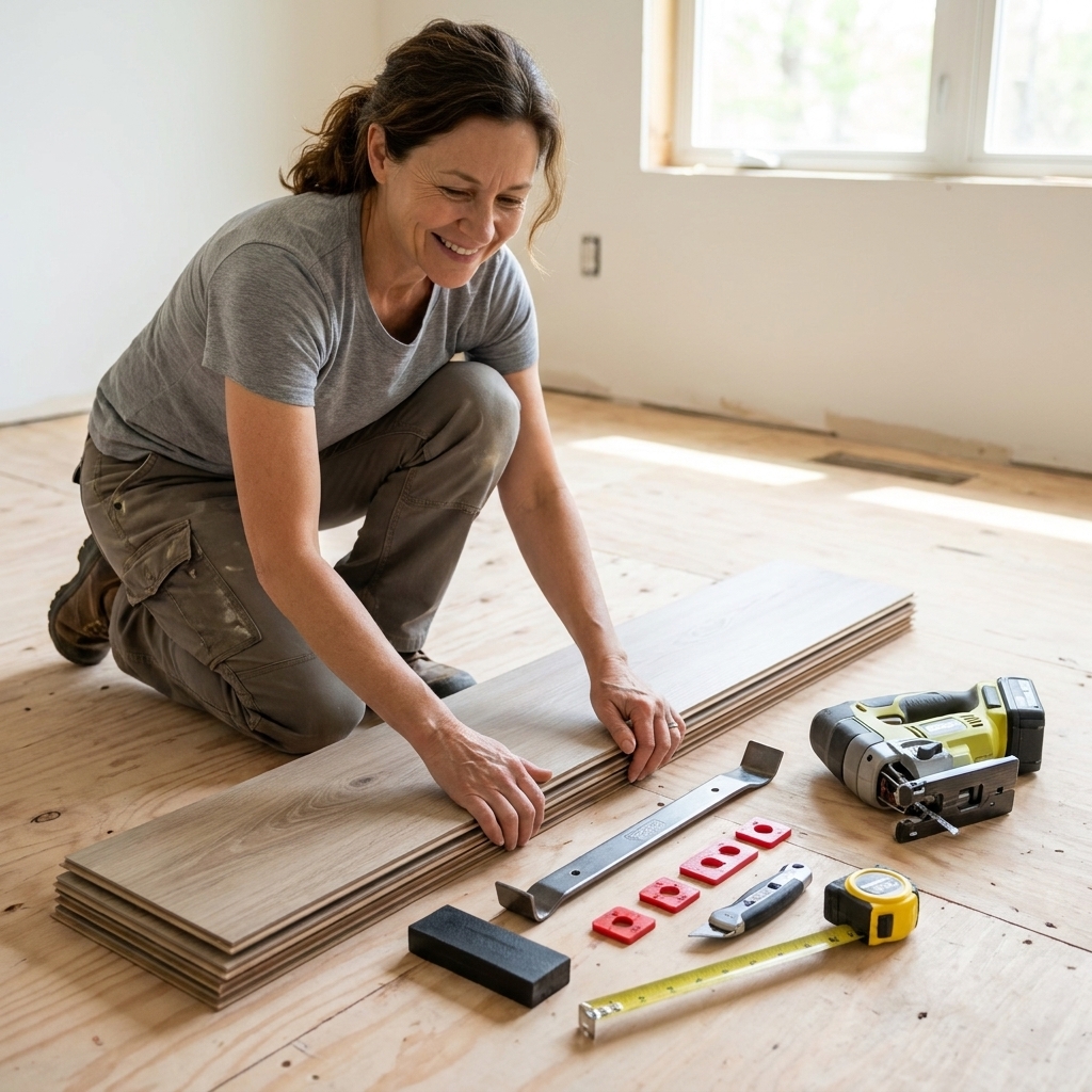 A work area on a subfloor with luxury vinyl planks, tapping block, pull bar, spacers, utility knife, tape measure, and a jigsaw laid out neatly before installation