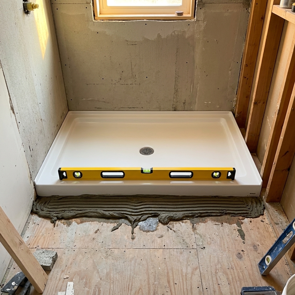 Acrylic shower pan freshly set in a bathroom alcove with a 4-foot level resting across the threshold while mortar cures underneath