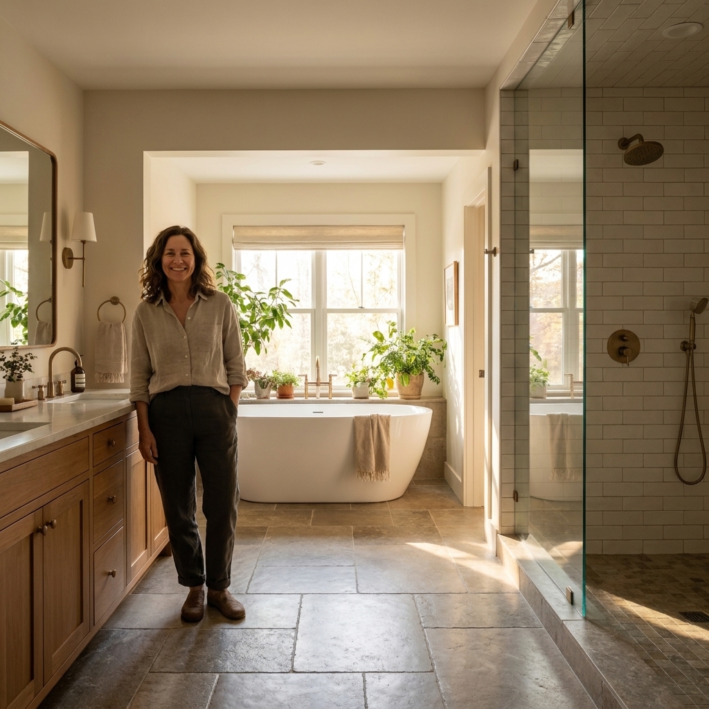 An L-shaped primary bathroom with a freestanding tub tucked into a bright nook and a walk-in shower located around the corner, creating separate wet and dry zones