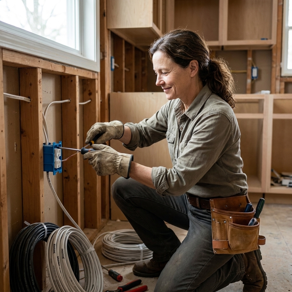 An electrician installing wiring and electrical boxes along a kitchen backsplash wall with studs exposed during rough-in work