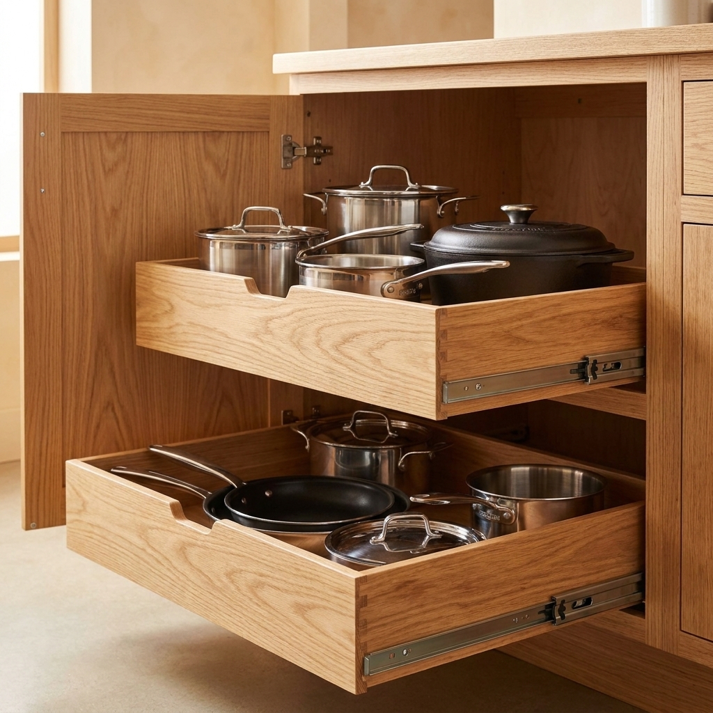 An open base kitchen cabinet showing wood pull-out drawers with organized pots and pans and soft-close hardware