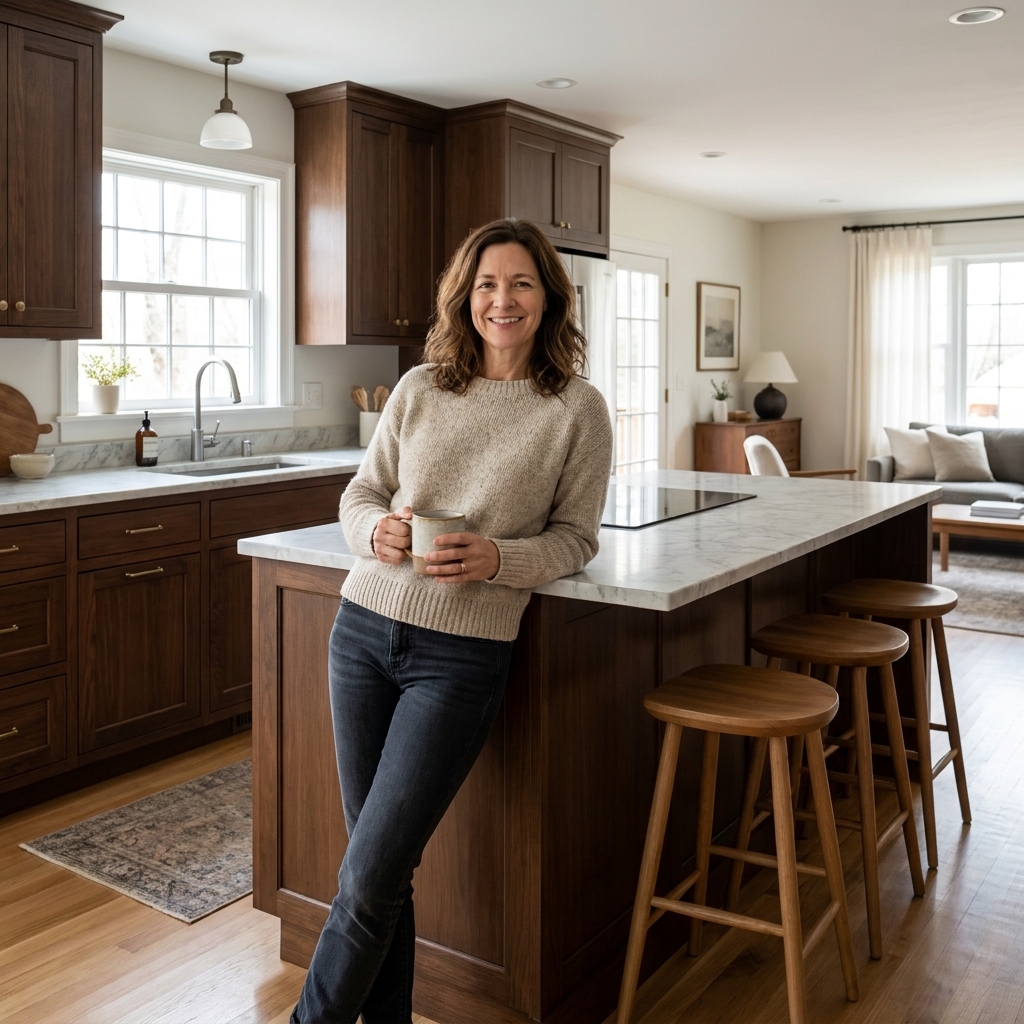 An open concept kitchen where a clear walkway runs between an island and perimeter cabinets, with seating placed on the far side so guests are outside the main cooking path