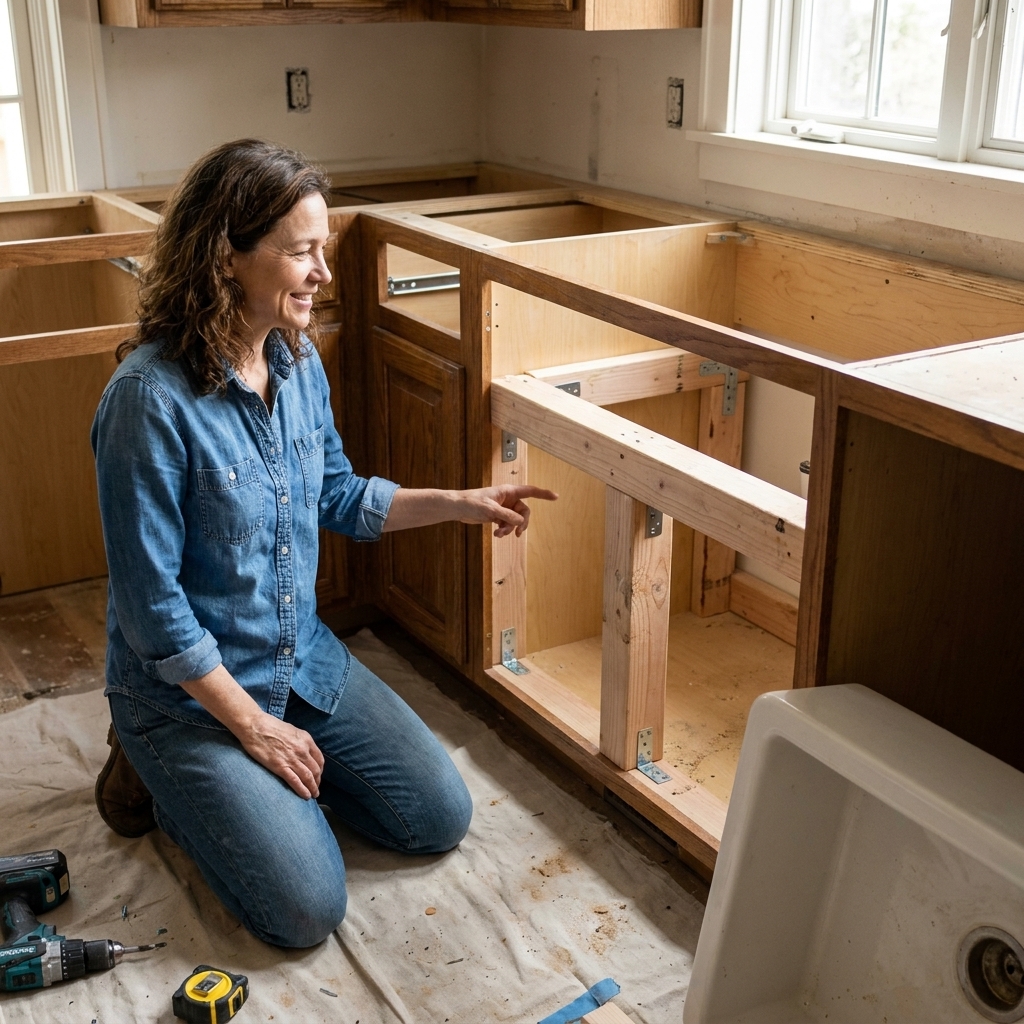 An open sink base cabinet showing reinforced wood supports built to hold an apron-front farmhouse sink during a kitchen remodel