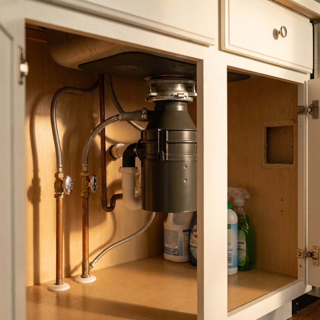 An open under-sink kitchen cabinet showing water shutoff valves, supply lines, a garbage disposal, and open space where a faucet control box could be mounted