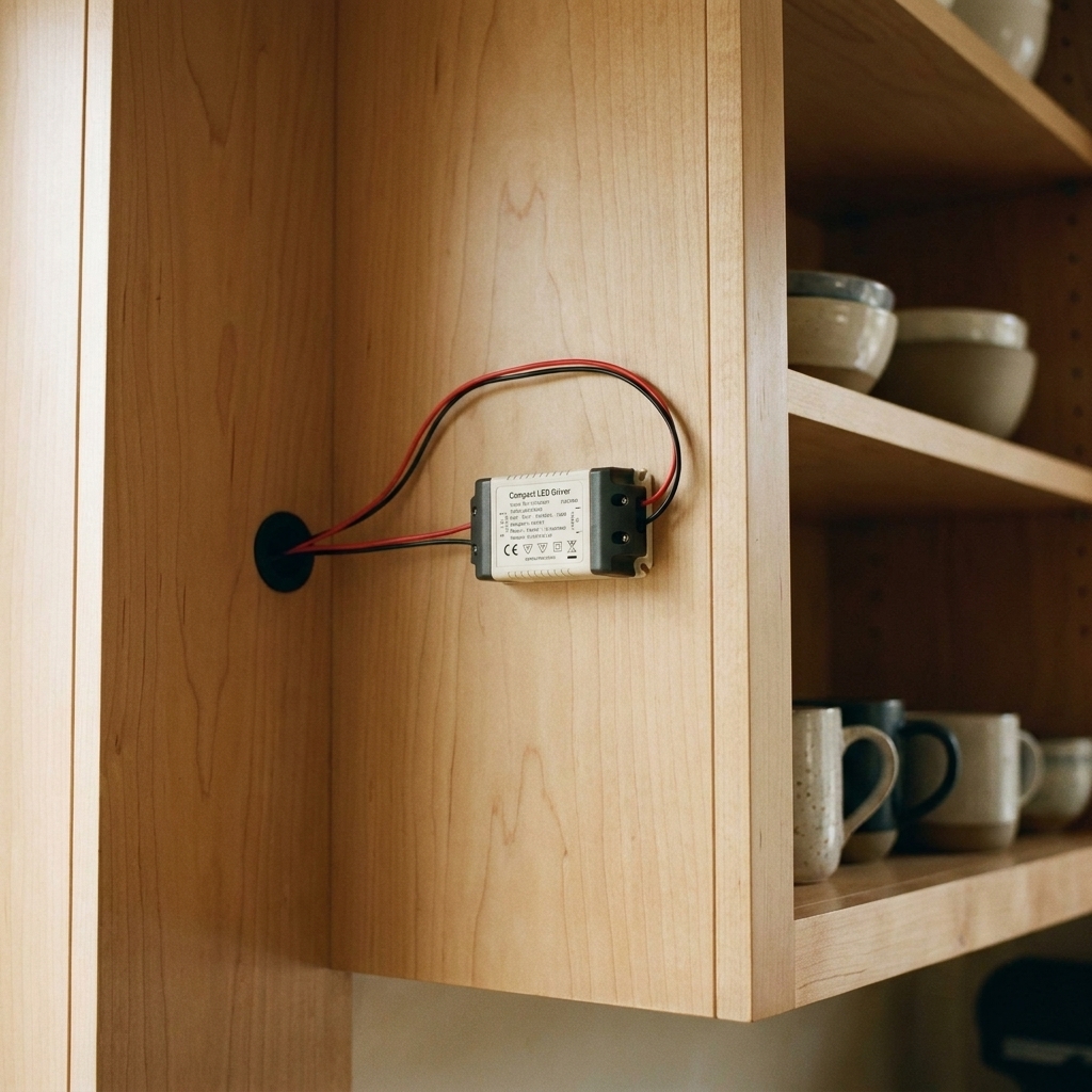 An upper kitchen cabinet interior with a compact LED driver mounted neatly to the cabinet side, with low-voltage wires routed through a small grommeted hole