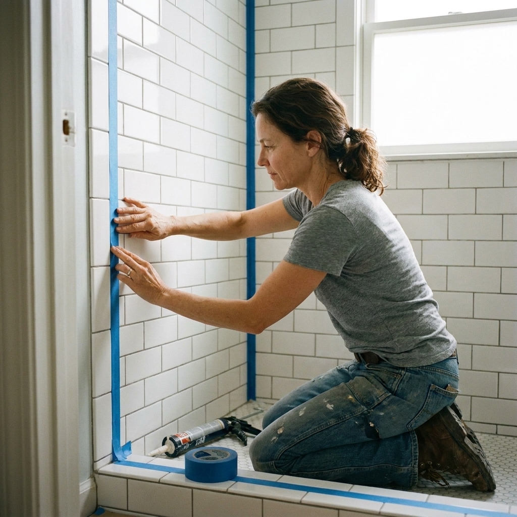 Blue painter’s tape applied along both sides of a shower corner joint, leaving a narrow channel ready for caulk
