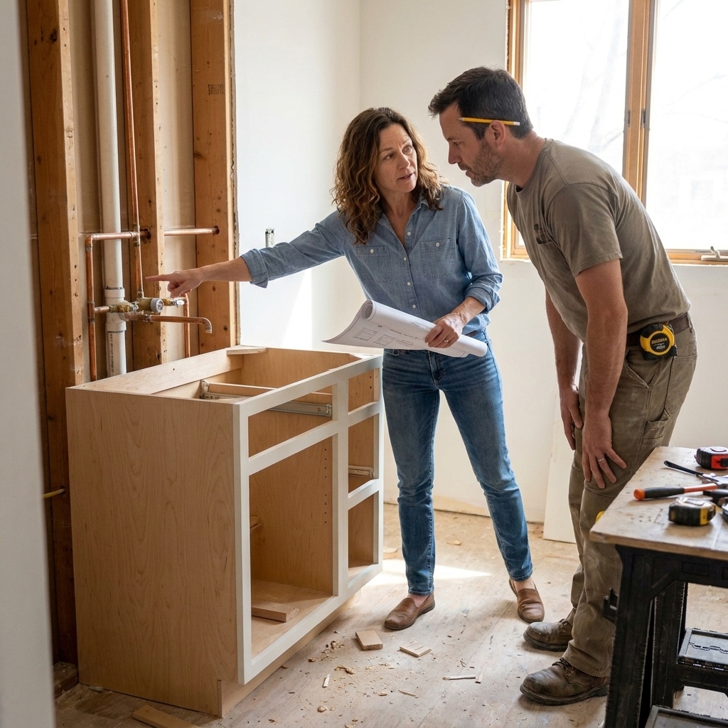 Elena Miller reviewing a bathroom vanity installation with a contractor, pointing at a wall with plumbing rough-in lines visible, renovation setting
