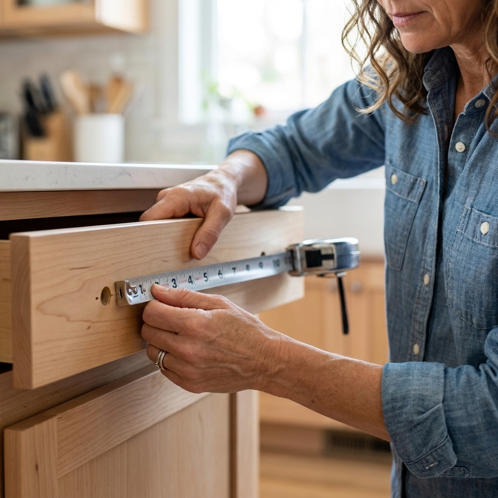 Hands holding a tape measure across two existing handle holes on a cabinet drawer front to verify the center-to-center distance