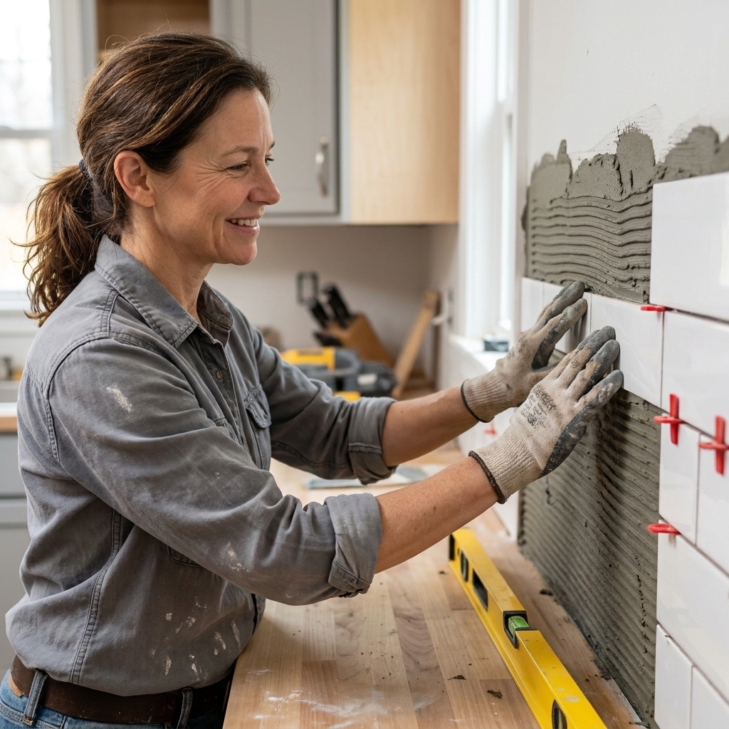Hands placing the first row of white subway tile onto fresh thin-set on a kitchen wall, with tile spacers and a level resting nearby