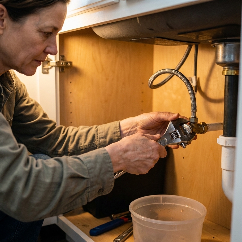 Hands using an adjustable wrench to loosen a braided supply line nut at a shutoff valve under a kitchen sink, with a small bucket positioned underneath