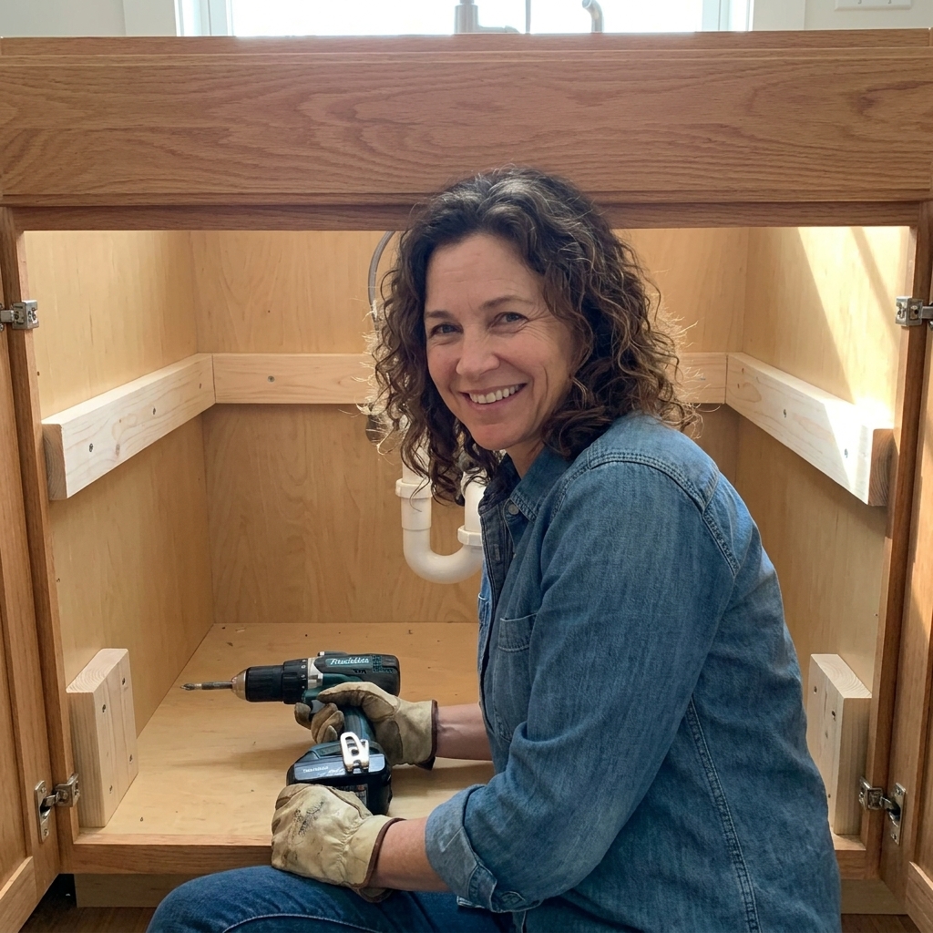 Inside of a sink base cabinet showing added wooden support rails screwed into both cabinet side panels with blocking at the front corners