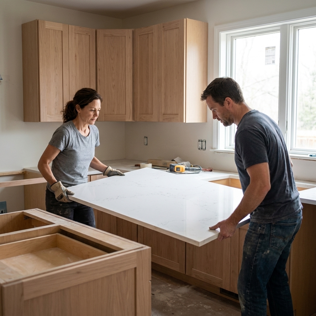 Installers carrying a large quartz countertop slab into a kitchen with new cabinets during installation