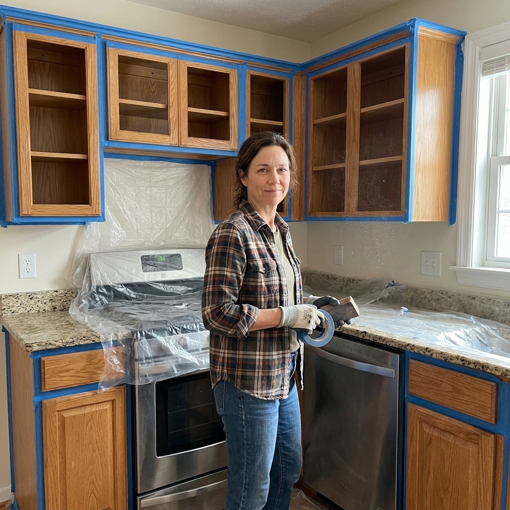 Kitchen cabinet frames masked with painter's tape and plastic sheeting around countertops and appliances, ready for priming