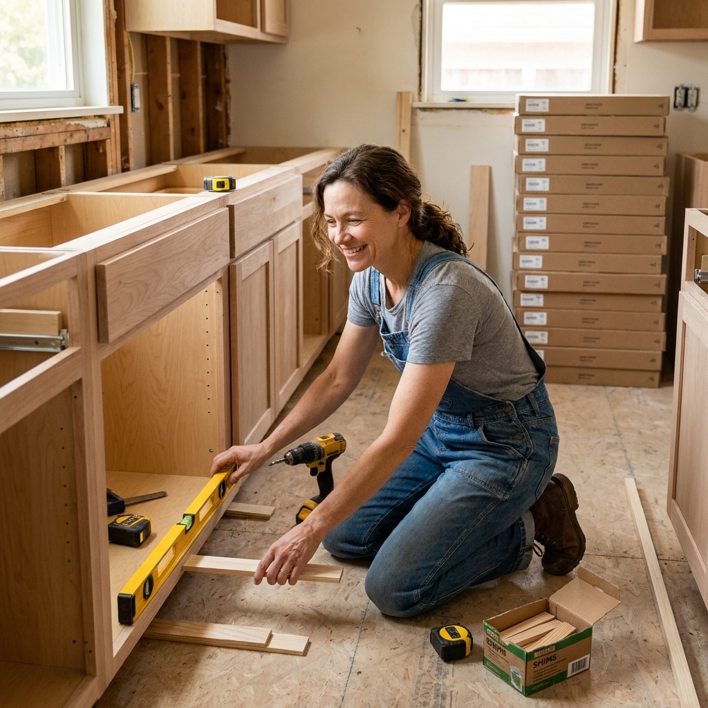 New kitchen base cabinets being installed and leveled with shims, with tools and cabinet boxes staged neatly in the room
