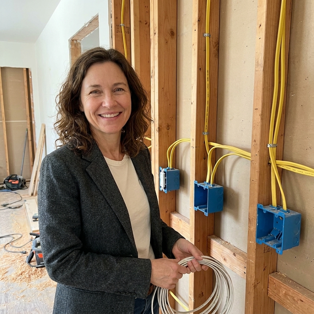 Open kitchen wall studs with new electrical wiring and outlet boxes installed at counter height during the rough-in stage of a remodel