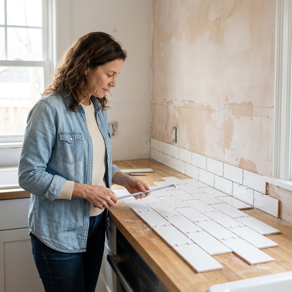 Subway tiles laid out dry with spacers on a kitchen countertop below the backsplash area, showing a brick pattern layout being planned