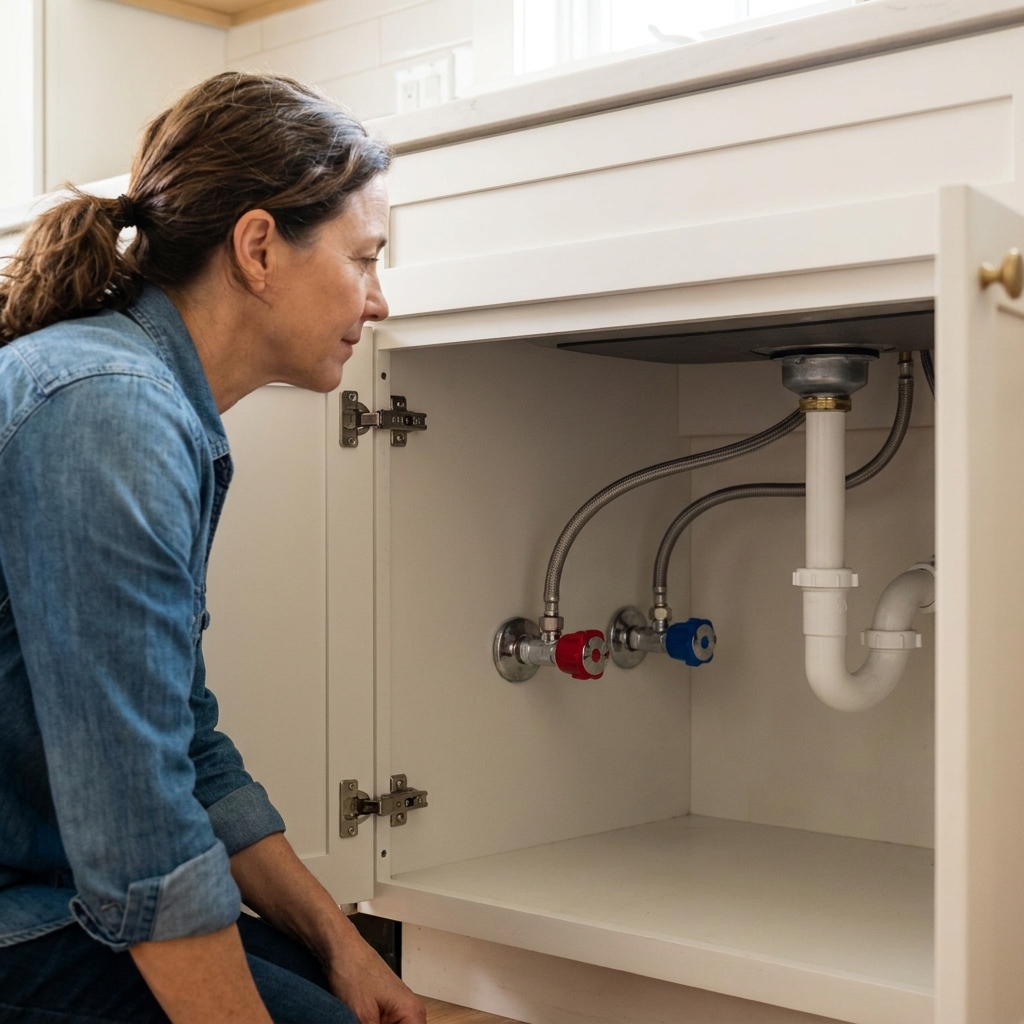 Under a kitchen sink showing two angle stop shutoff valves on the wall with braided supply lines connected, with the valve handles clearly visible