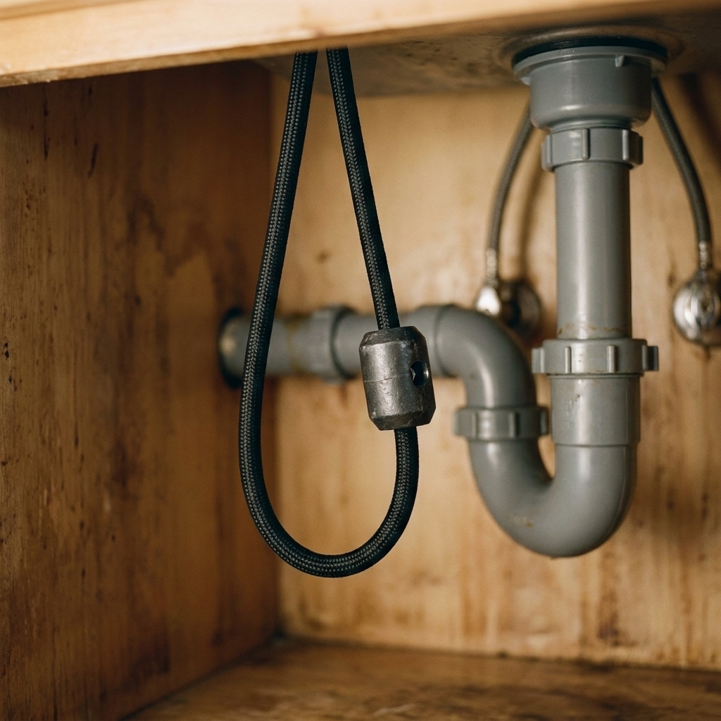 Under-sink view of a pull-down faucet hose with a cylindrical weight clipped onto the hose, positioned to hang freely without hitting the drain trap